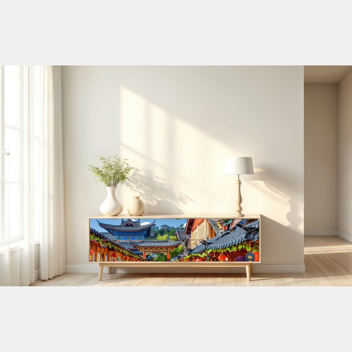 Naklejka repozycjonowalna Lijiang stara ulica z lampionami – Wallissimo® Naklejka repozycjonowalna Lijiang stara ulica z lampionami – Wallissimo®