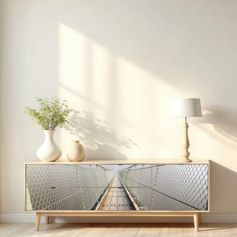 Naklejka repozycjonowalna mglisty most wiszący prowadzący w mgłę – Wallissimo® Naklejka repozycjonowalna mglisty most wiszący prowadzący w mgłę – Wallissimo®