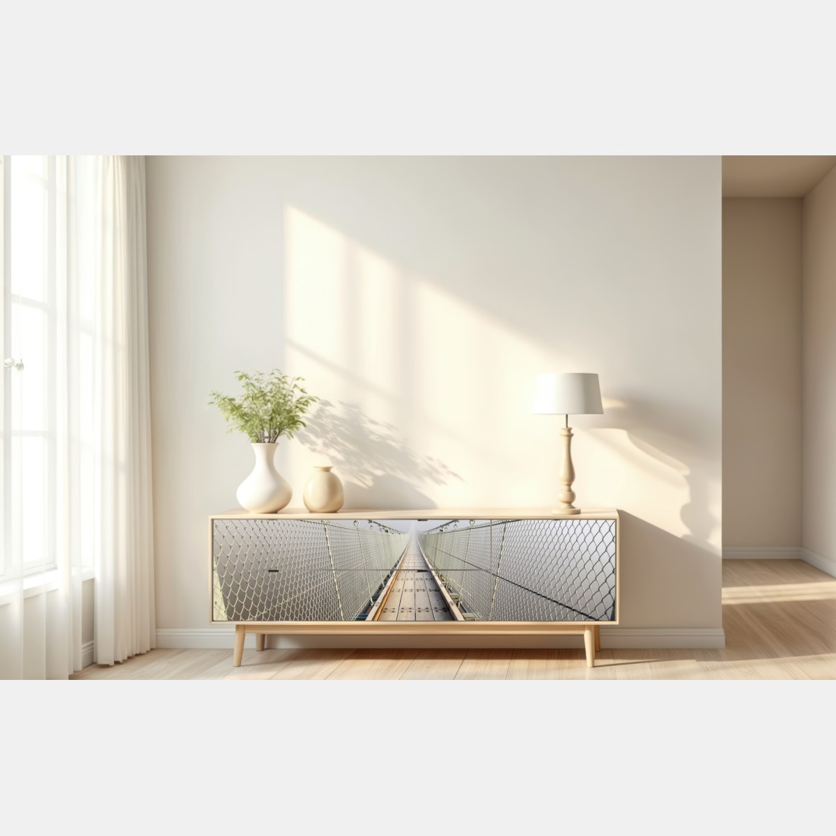 Naklejka repozycjonowalna mglisty most wiszący prowadzący w mgłę – Wallissimo® Naklejka repozycjonowalna mglisty most wiszący prowadzący w mgłę – Wallissimo®