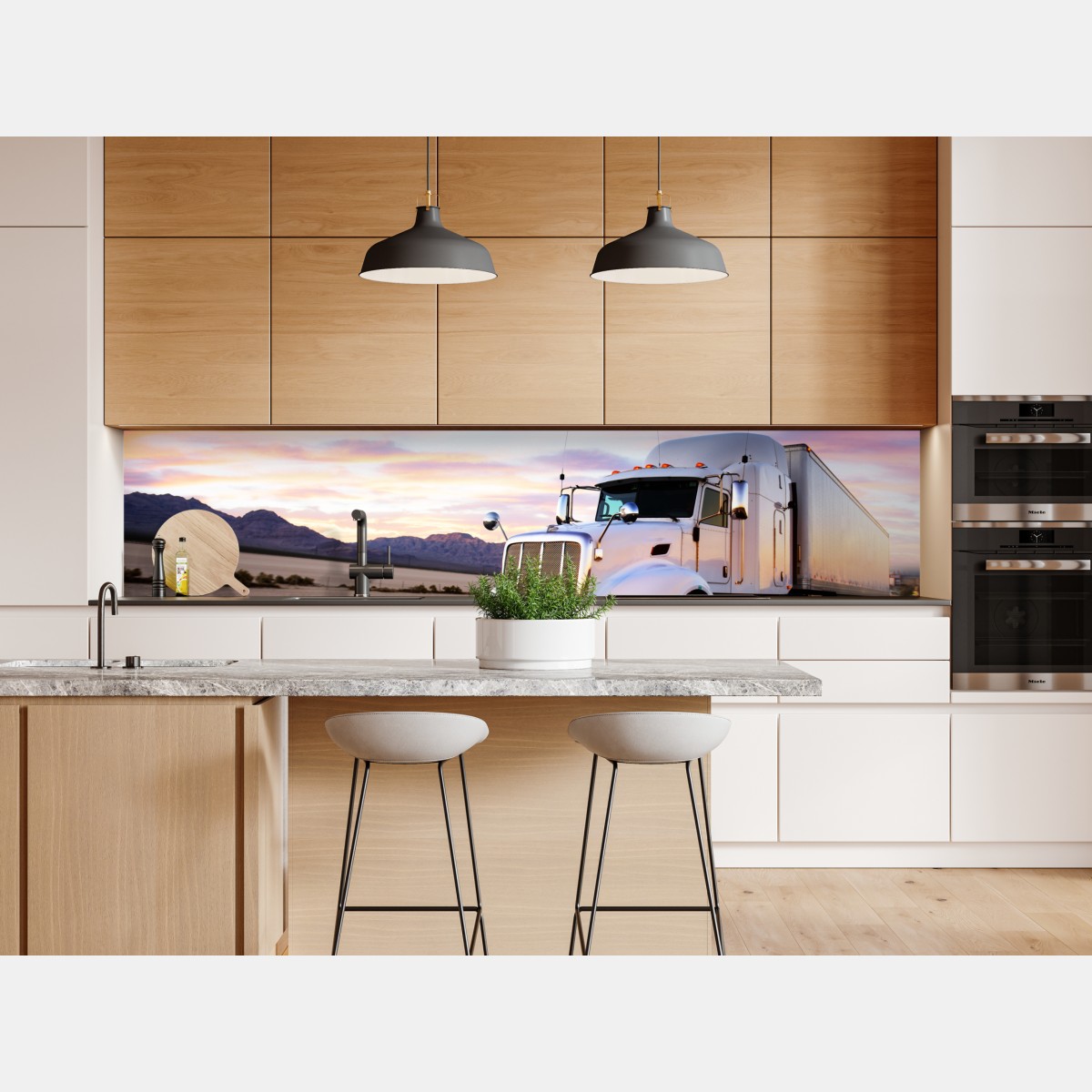 Naklejka repozycjonowalna ciężarówka w ruchu o zachodzie słońca – Wallissimo® Naklejka repozycjonowalna ciężarówka w ruchu o zachodzie słońca – Wallissimo®