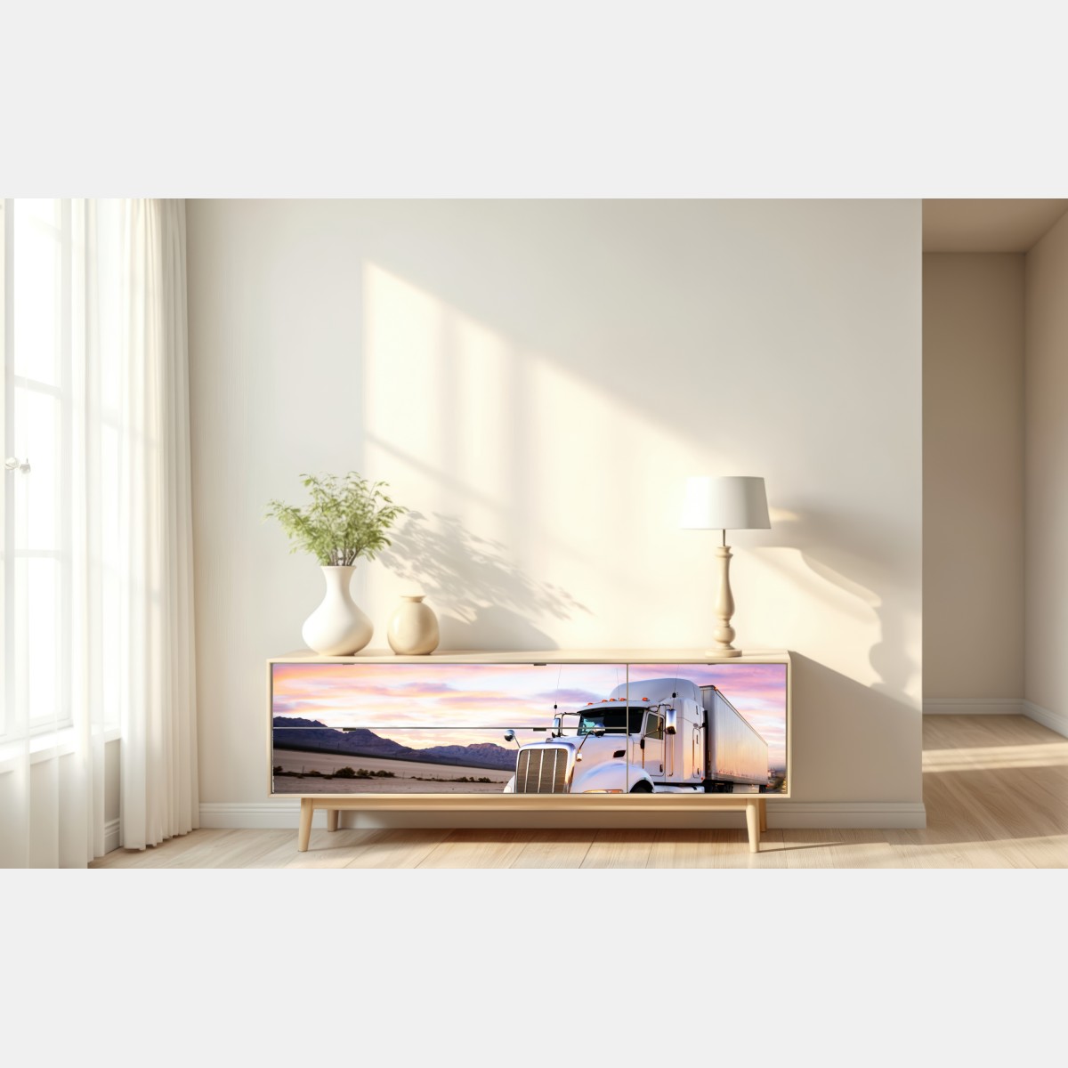 Naklejka repozycjonowalna ciężarówka w ruchu o zachodzie słońca – Wallissimo® Naklejka repozycjonowalna ciężarówka w ruchu o zachodzie słońca – Wallissimo®