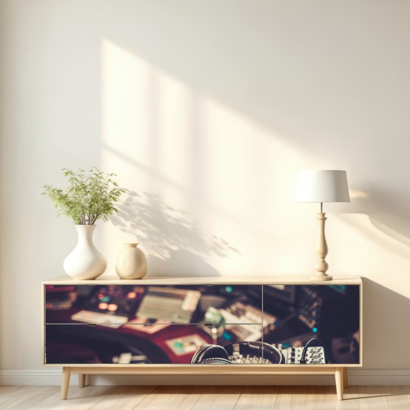 Naklejka repozycjonowalna vintageowe studio nagraniowe przy konsoli mikserskiej – Wallissimo® Naklejka repozycjonowalna vintageowe studio nagraniowe przy konsoli mikserskiej – Wallissimo®