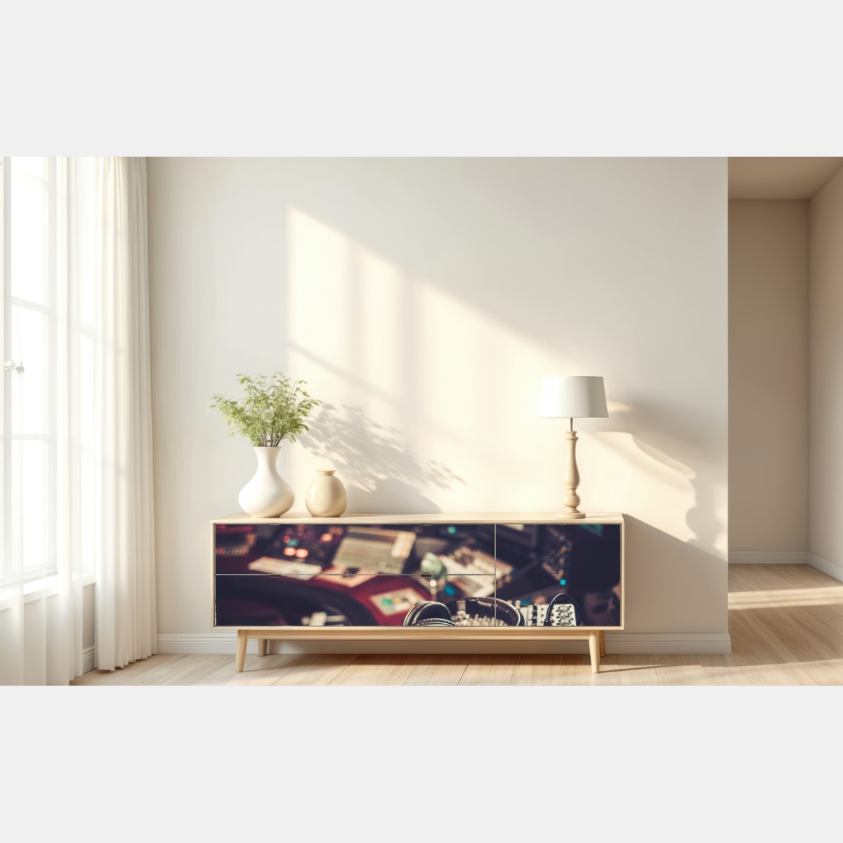 Naklejka repozycjonowalna vintageowe studio nagraniowe przy konsoli mikserskiej – Wallissimo® Naklejka repozycjonowalna vintageowe studio nagraniowe przy konsoli mikserskiej – Wallissimo®