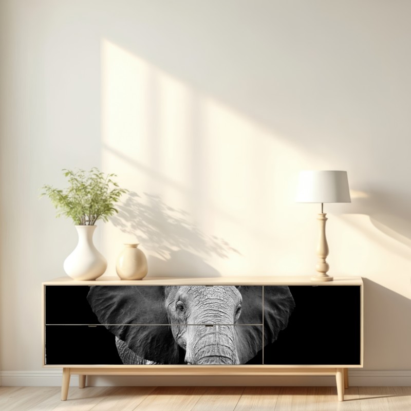 Naklejka repozycjonowalna majestatyczny portret słonia czarno-biały – Wallissimo® Naklejka repozycjonowalna majestatyczny portret słonia czarno-biały – Wallissimo®