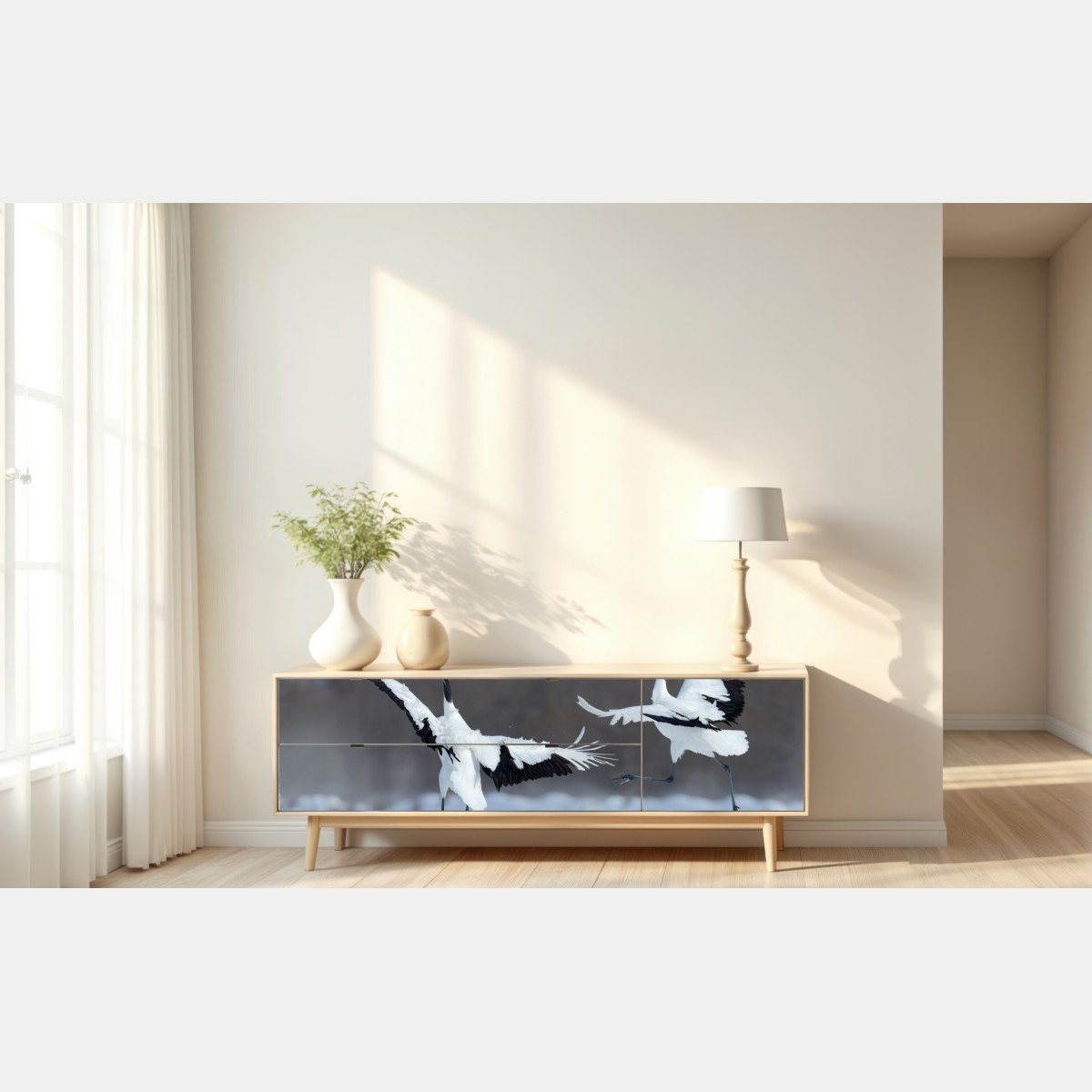 Naklejka repozycjonowalna tańczące żurawie koroniaste na śniegu, Hokkaido – Wallissimo® Naklejka repozycjonowalna tańczące żurawie koroniaste na śniegu, Hokkaido – Wallissimo®