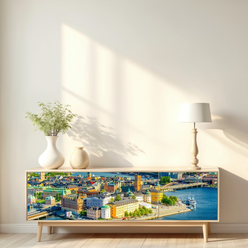 Naklejka repozycjonowalna panorama Sztokholmu o zachodzie słońca – Wallissimo® Naklejka repozycjonowalna panorama Sztokholmu o zachodzie słońca – Wallissimo®