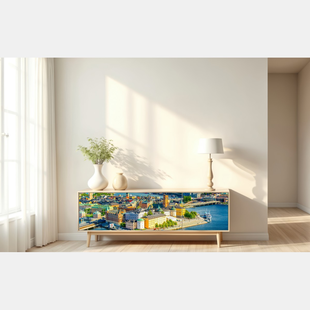 Naklejka repozycjonowalna panorama Sztokholmu o zachodzie słońca – Wallissimo® Naklejka repozycjonowalna panorama Sztokholmu o zachodzie słońca – Wallissimo®