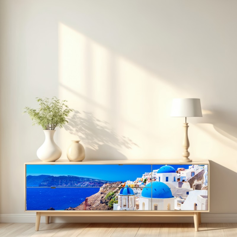 Naklejka repozycjonowalna Santorini niebieskie kopuły nad Morzem Egejskim – Wallissimo® Naklejka repozycjonowalna Santorini niebieskie kopuły nad Morzem Egejskim – Wallissimo®