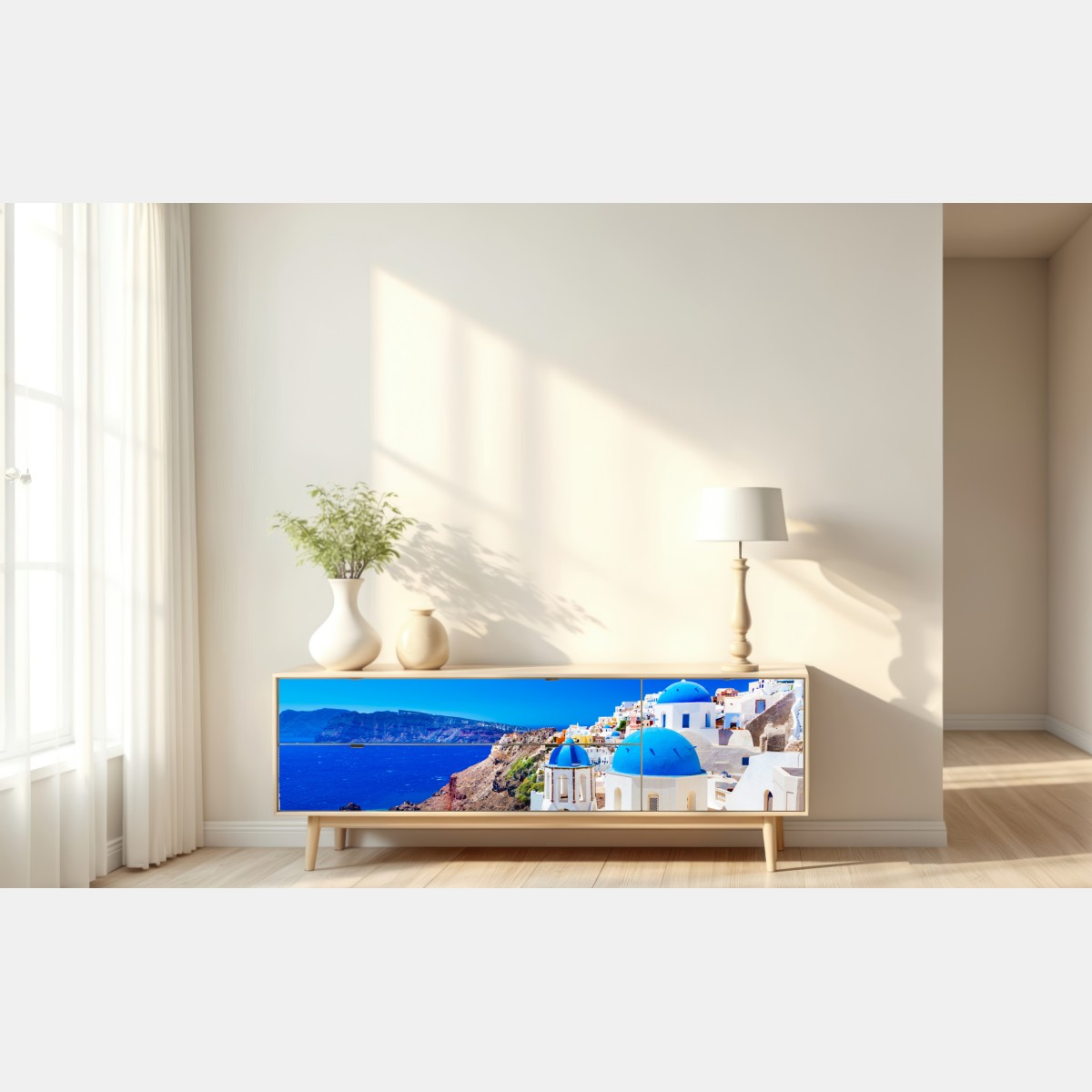 Naklejka repozycjonowalna Santorini niebieskie kopuły nad Morzem Egejskim – Wallissimo® Naklejka repozycjonowalna Santorini niebieskie kopuły nad Morzem Egejskim – Wallissimo®