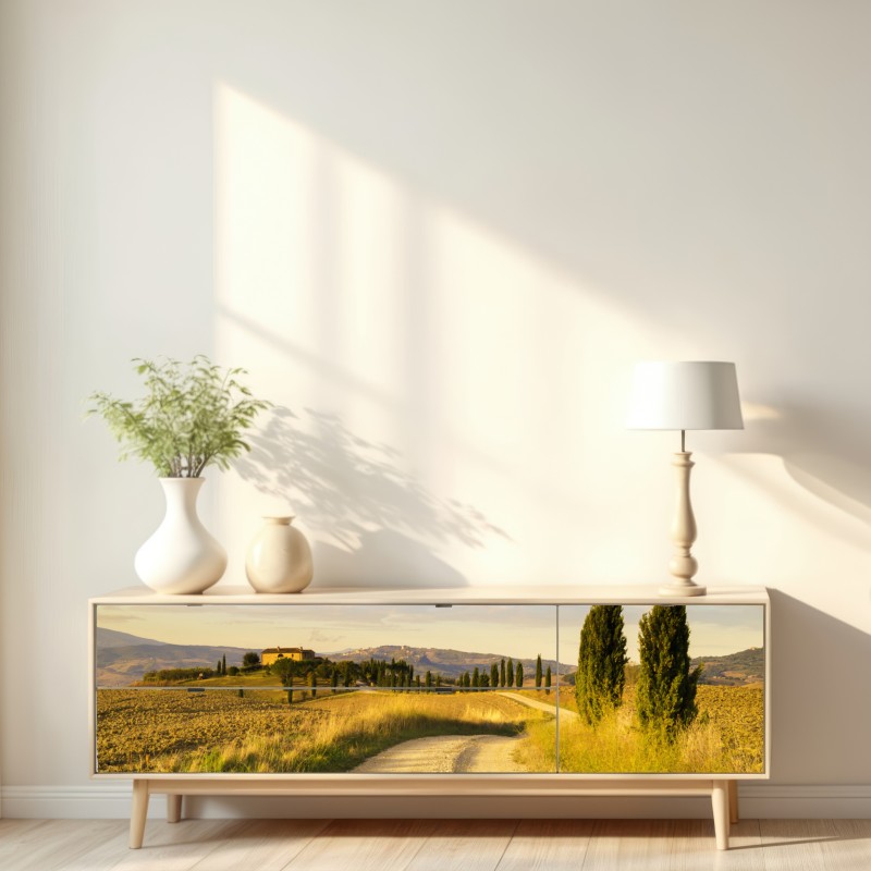 Naklejka repozycjonowalna złota wiejska droga wśród cyprysów – Wallissimo® Naklejka repozycjonowalna złota wiejska droga wśród cyprysów – Wallissimo®