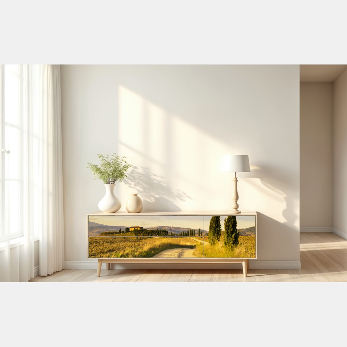 Naklejka repozycjonowalna złota wiejska droga wśród cyprysów – Wallissimo® Naklejka repozycjonowalna złota wiejska droga wśród cyprysów – Wallissimo®