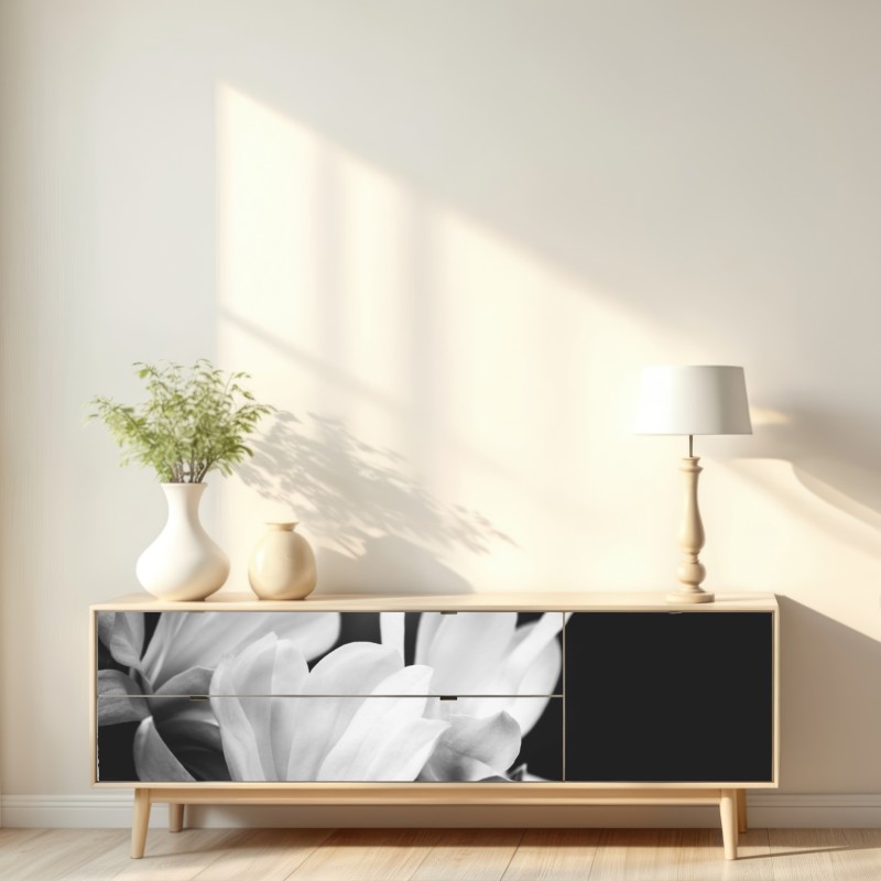 Naklejka repozycjonowalna czarno-biała magnolia w zbliżeniu – Wallissimo® Naklejka repozycjonowalna czarno-biała magnolia w zbliżeniu – Wallissimo®