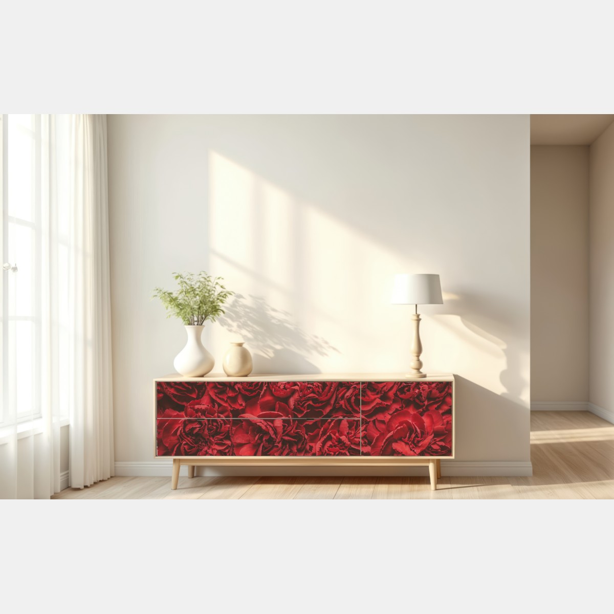 Naklejka repozycjonowalna retro czerwone goździki wzór kwiatowy – Wallissimo® Naklejka repozycjonowalna retro czerwone goździki wzór kwiatowy – Wallissimo®