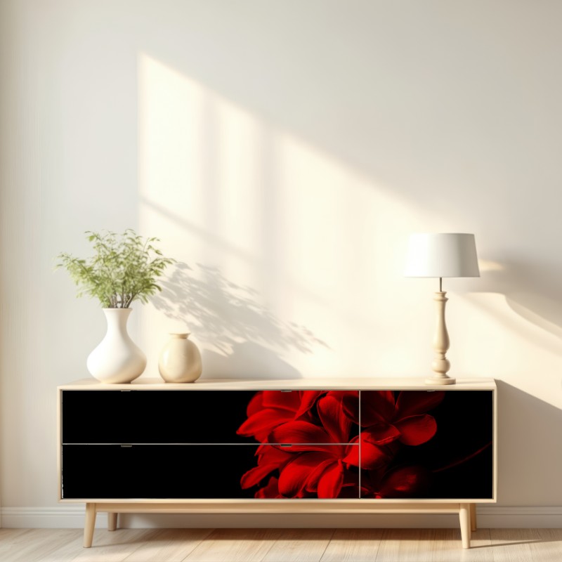 Naklejka repozycjonowalna czerwona plumeria na czarnym tle – Wallissimo® Naklejka repozycjonowalna czerwona plumeria na czarnym tle – Wallissimo®