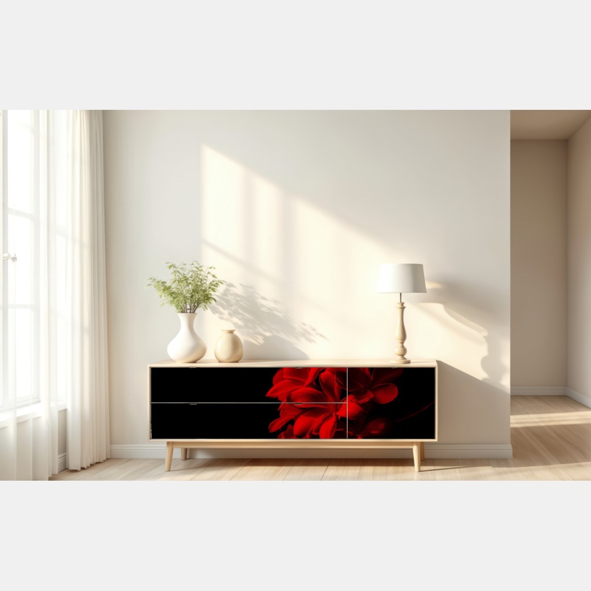 Naklejka repozycjonowalna czerwona plumeria na czarnym tle – Wallissimo® Naklejka repozycjonowalna czerwona plumeria na czarnym tle – Wallissimo®