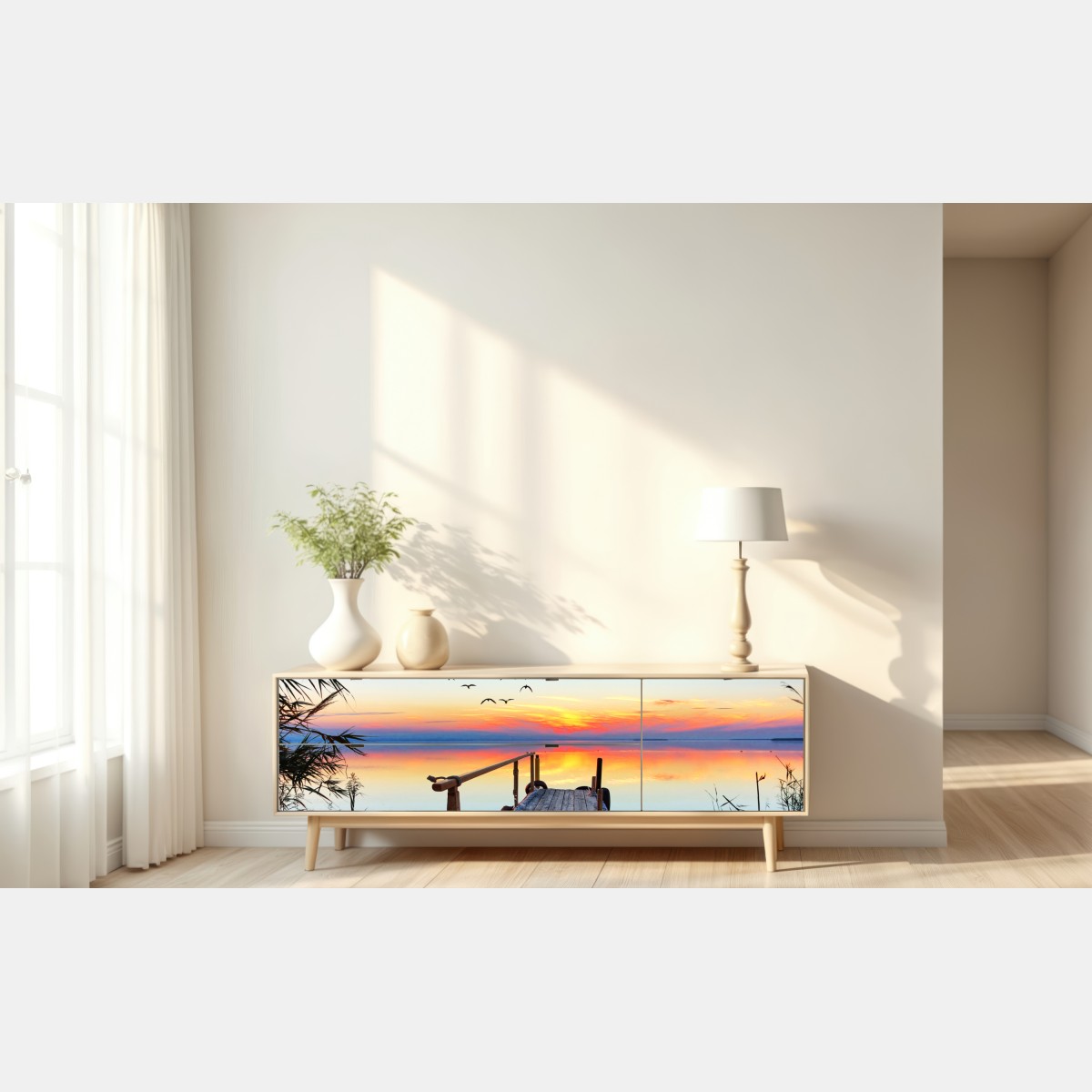 Naklejka repozycjonowalna pomost o zachodzie słońca nad jeziorem – Wallissimo® Naklejka repozycjonowalna pomost o zachodzie słońca nad jeziorem – Wallissimo®