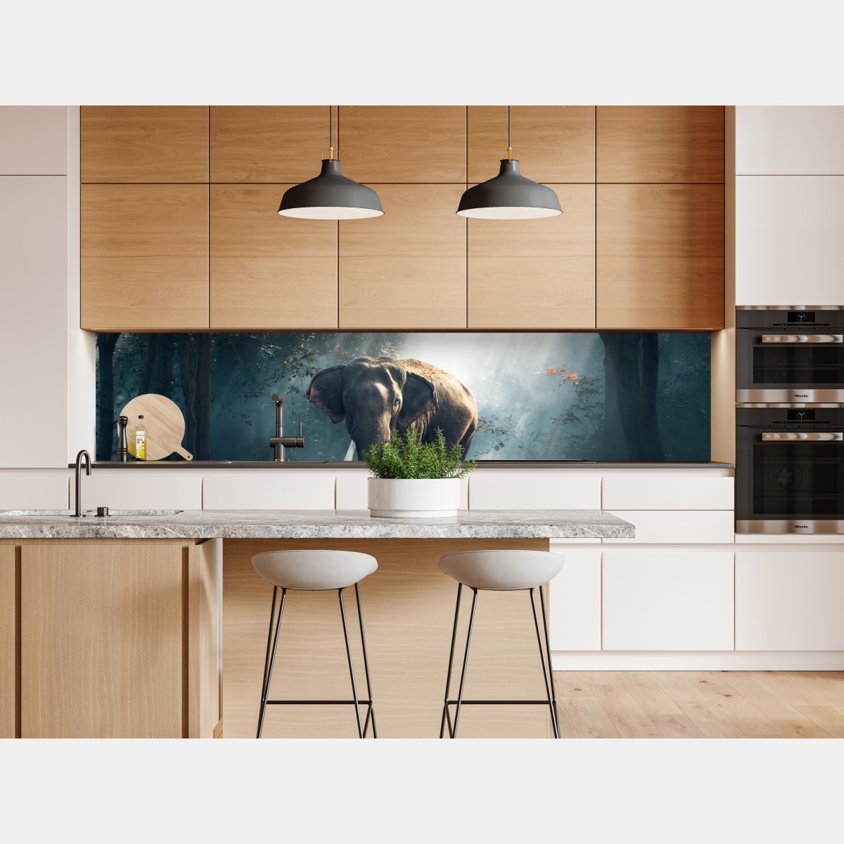 Naklejka repozycjonowalna majestatyczny słoń w oświetlonym lesie – Wallissimo® Naklejka repozycjonowalna majestatyczny słoń w oświetlonym lesie – Wallissimo®