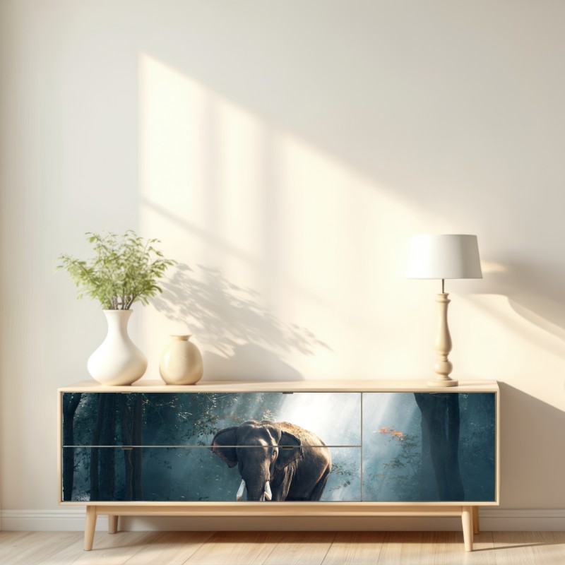 Naklejka repozycjonowalna majestatyczny słoń w oświetlonym lesie – Wallissimo® Naklejka repozycjonowalna majestatyczny słoń w oświetlonym lesie – Wallissimo®