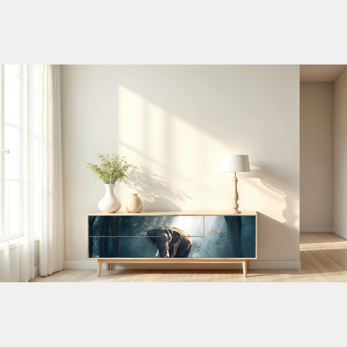 Naklejka repozycjonowalna majestatyczny słoń w oświetlonym lesie – Wallissimo® Naklejka repozycjonowalna majestatyczny słoń w oświetlonym lesie – Wallissimo®