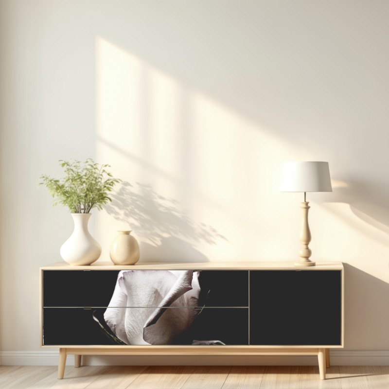 Naklejka repozycjonowalna biały róż na czarnym tle – Wallissimo® Naklejka repozycjonowalna biały róż na czarnym tle – Wallissimo®