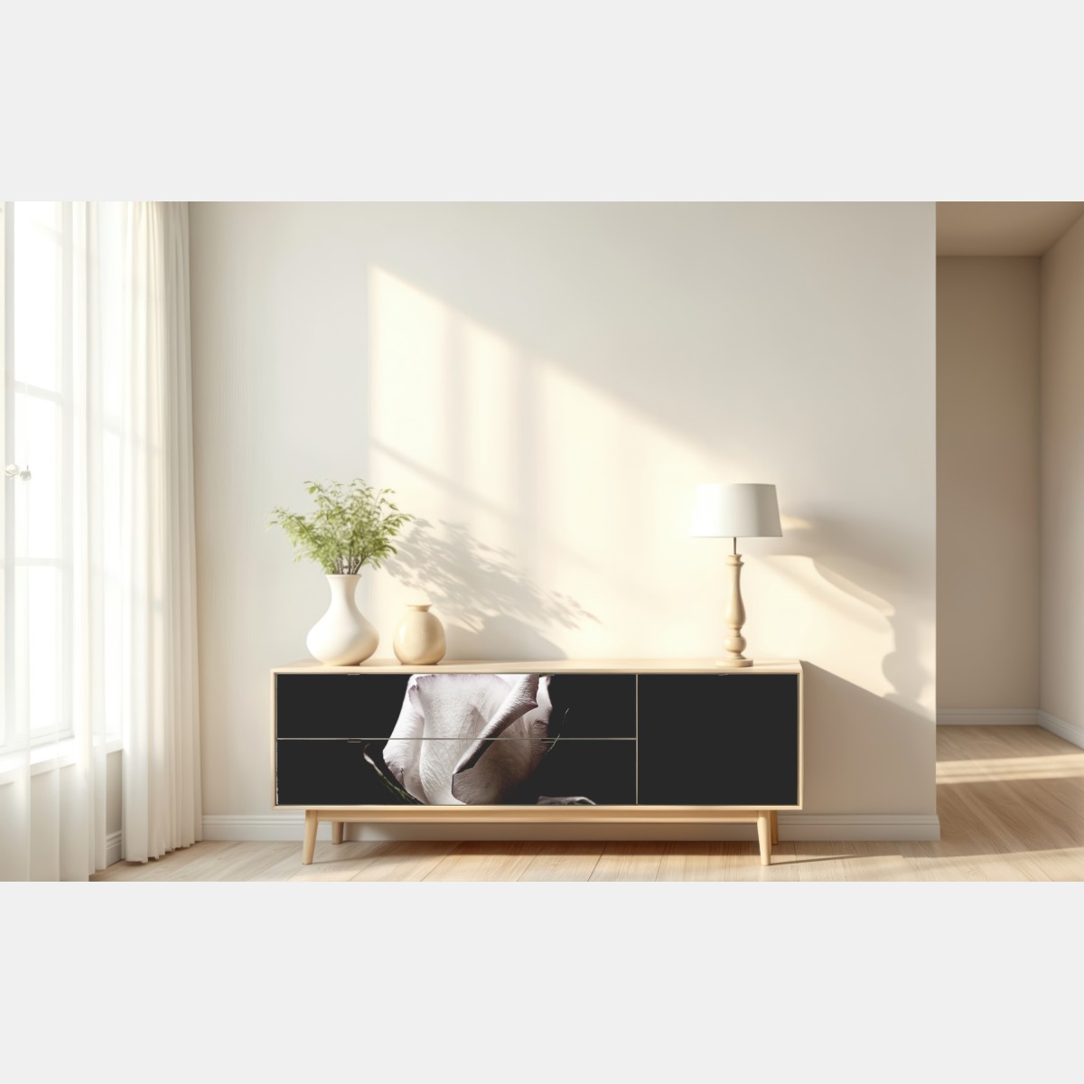 Naklejka repozycjonowalna biały róż na czarnym tle – Wallissimo® Naklejka repozycjonowalna biały róż na czarnym tle – Wallissimo®