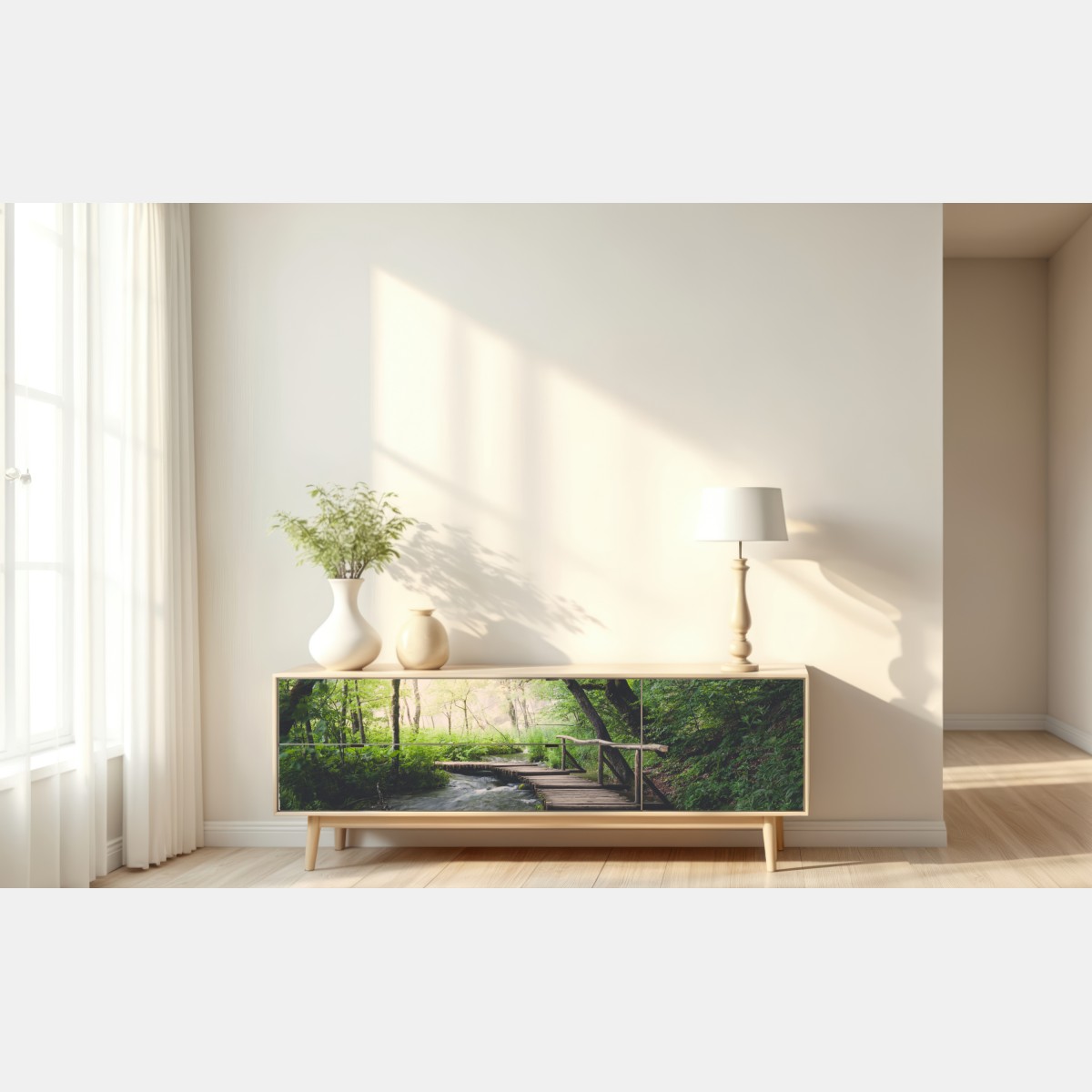 Naklejka repozycjonowalna spokojna drewniana kładka w zielonym lesie – Wallissimo® Naklejka repozycjonowalna spokojna drewniana kładka w zielonym lesie – Wallissimo®