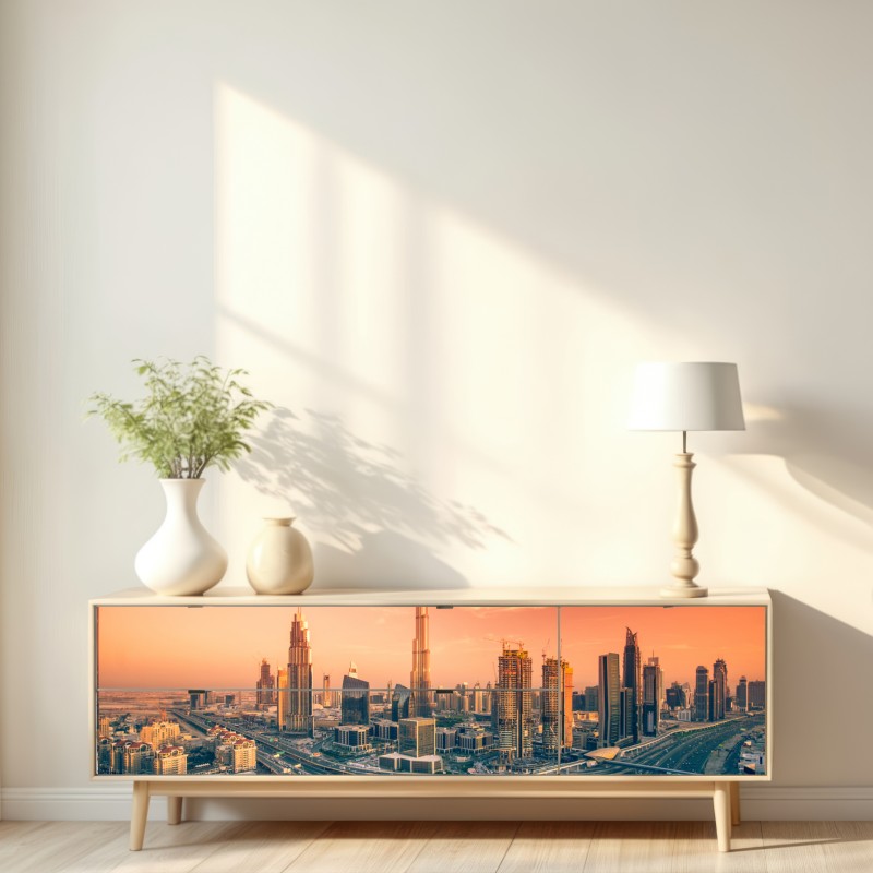 Naklejka repozycjonowalna panorama Dubaju o zachodzie słońca – Wallissimo® Naklejka repozycjonowalna panorama Dubaju o zachodzie słońca – Wallissimo®