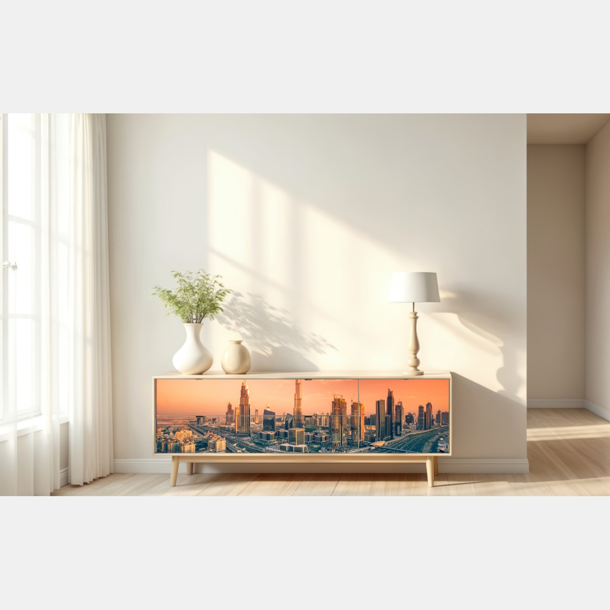 Naklejka repozycjonowalna panorama Dubaju o zachodzie słońca – Wallissimo® Naklejka repozycjonowalna panorama Dubaju o zachodzie słońca – Wallissimo®