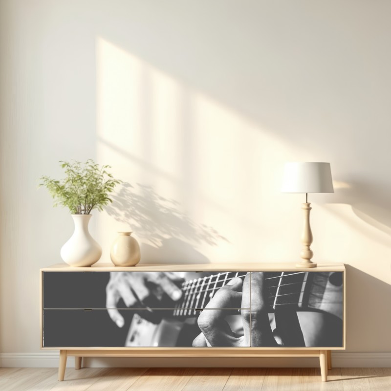 Naklejka repozycjonowalna monochromatyczne zbliżenie gitary – Wallissimo® Naklejka repozycjonowalna monochromatyczne zbliżenie gitary – Wallissimo®