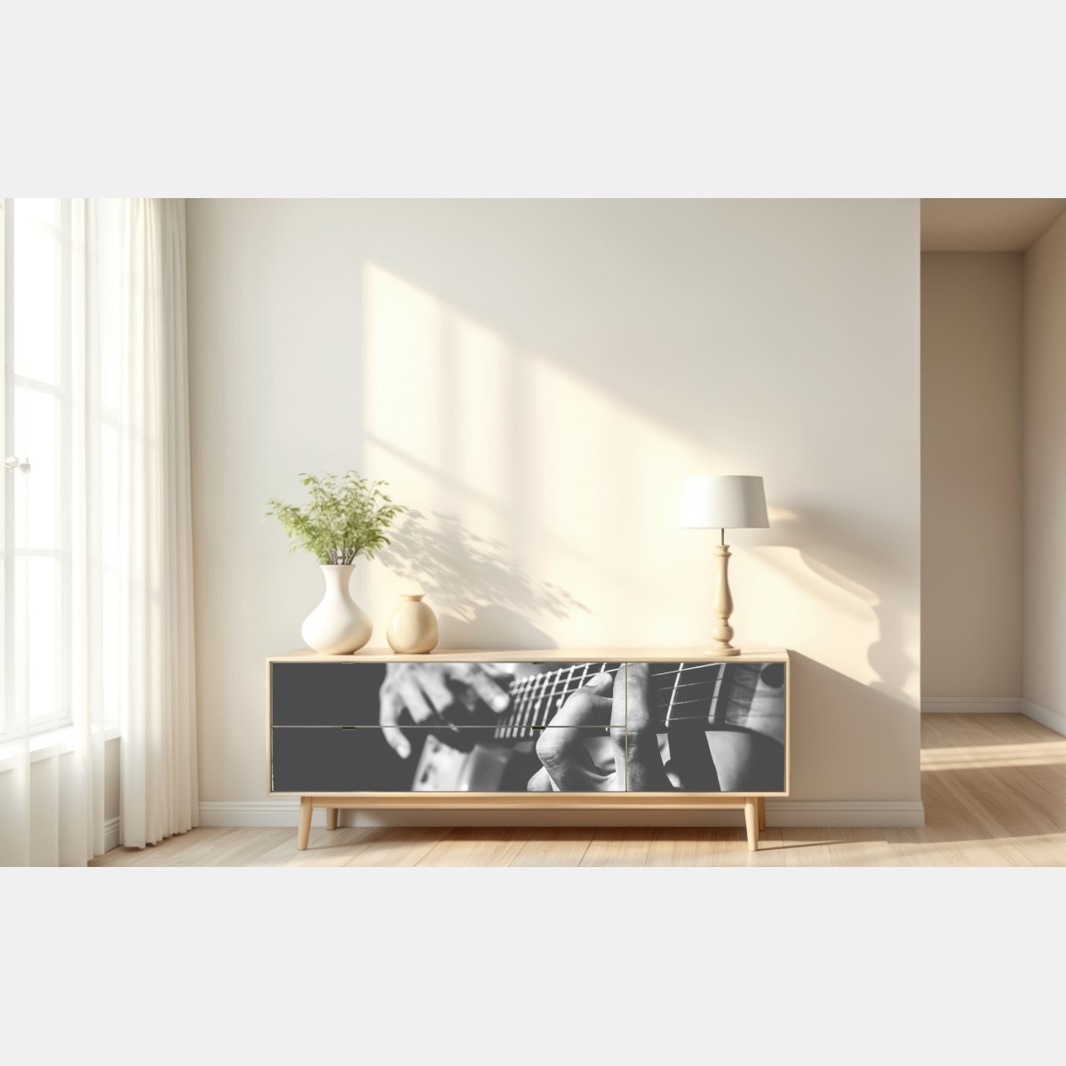 Naklejka repozycjonowalna monochromatyczne zbliżenie gitary – Wallissimo® Naklejka repozycjonowalna monochromatyczne zbliżenie gitary – Wallissimo®