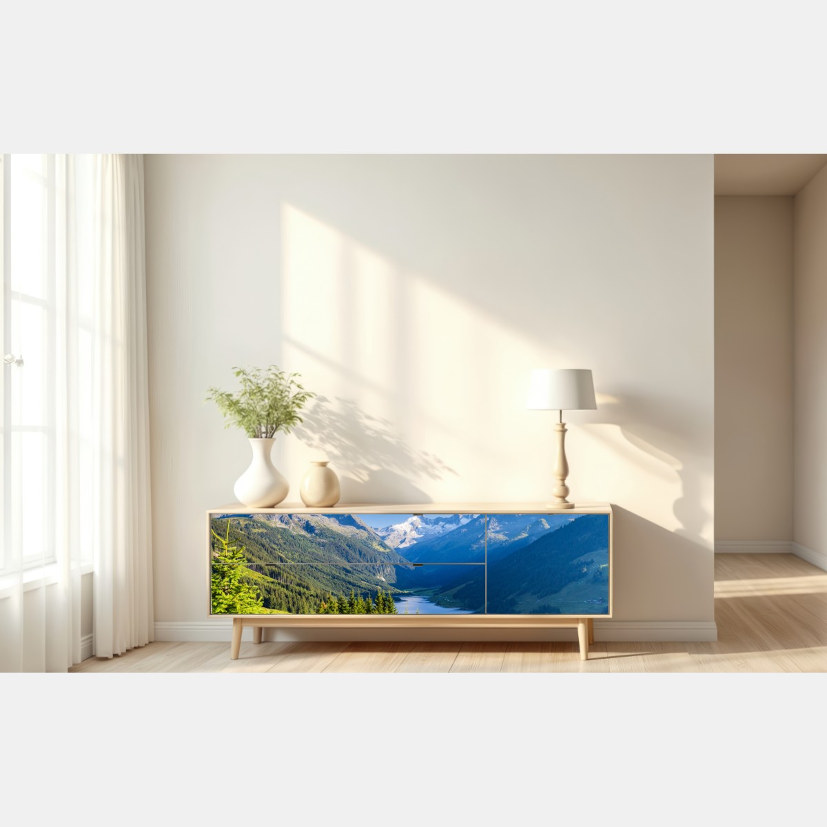 Naklejka repozycjonowalna spokojna dolina z alpejskim jeziorem – Wallissimo® Naklejka repozycjonowalna spokojna dolina z alpejskim jeziorem – Wallissimo®