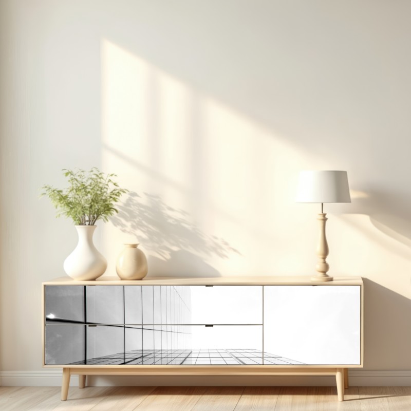 Naklejka repozycjonowalna minimalistyczna perspektywa szklanego wieżowca – Wallissimo® Naklejka repozycjonowalna minimalistyczna perspektywa szklanego wieżowca – Wallissimo®