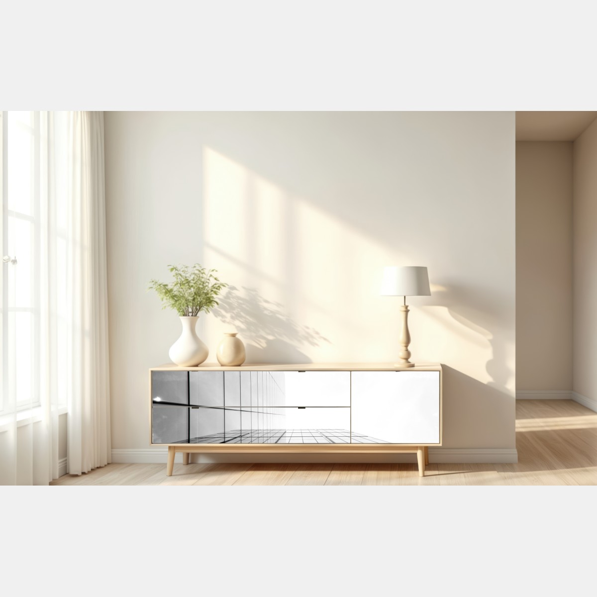 Naklejka repozycjonowalna minimalistyczna perspektywa szklanego wieżowca – Wallissimo® Naklejka repozycjonowalna minimalistyczna perspektywa szklanego wieżowca – Wallissimo®