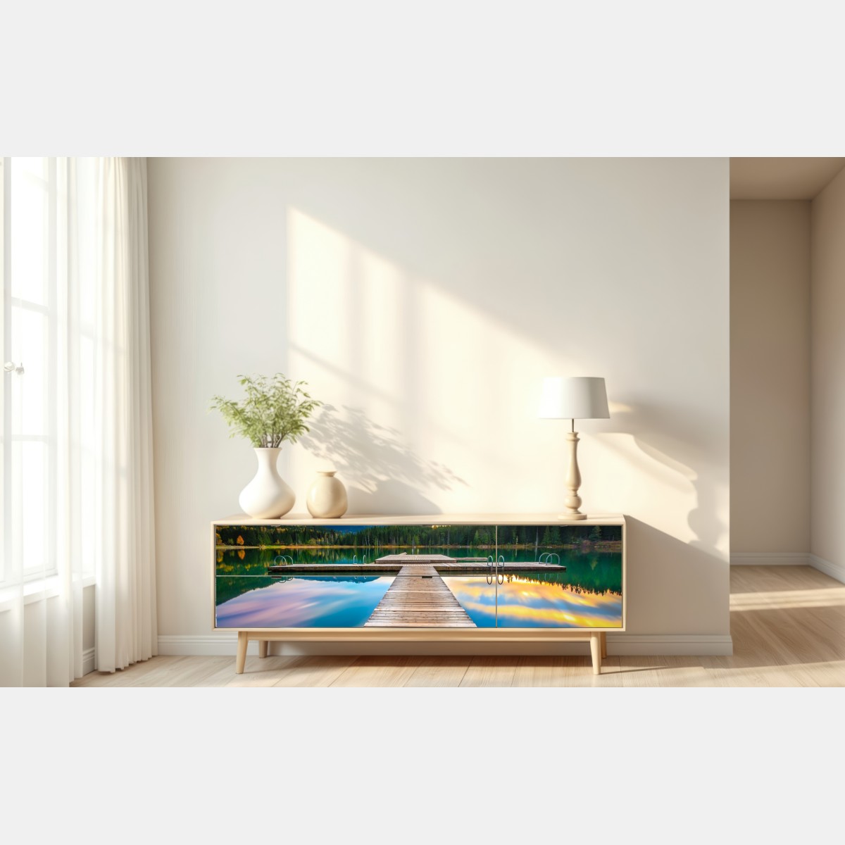 Naklejka repozycjonowalna spokojne górskie jezioro o zachodzie słońca – Wallissimo® Naklejka repozycjonowalna spokojne górskie jezioro o zachodzie słońca – Wallissimo®