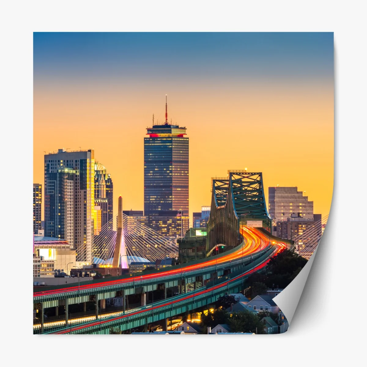 Naklejka repozycjonowalna panorama Bostonu o zachodzie słońca z mostami Zakim i Tobin – Wallissimo® Naklejka repozycjonowalna panorama Bostonu o zachodzie słońca z mostami Zakim i Tobin – Wallissimo®