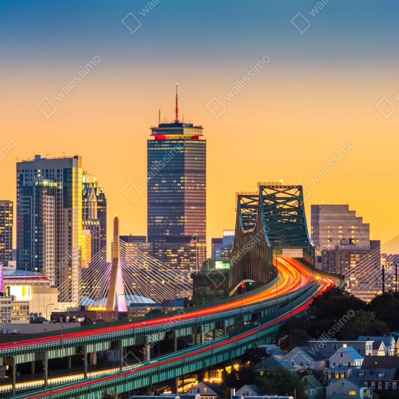 Naklejka repozycjonowalna panorama Bostonu o zachodzie słońca z mostami Zakim i Tobin – Wallissimo® Naklejka repozycjonowalna panorama Bostonu o zachodzie słońca z mostami Zakim i Tobin – Wallissimo®