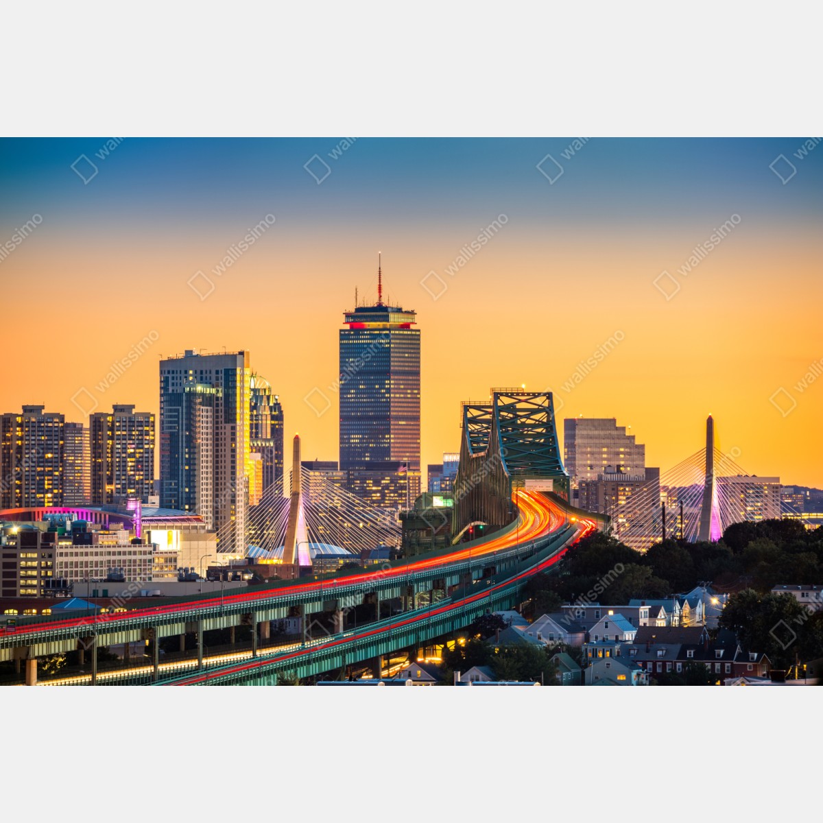 Naklejka repozycjonowalna panorama Bostonu o zachodzie słońca z mostami Zakim i Tobin – Wallissimo® Naklejka repozycjonowalna panorama Bostonu o zachodzie słońca z mostami Zakim i Tobin – Wallissimo®