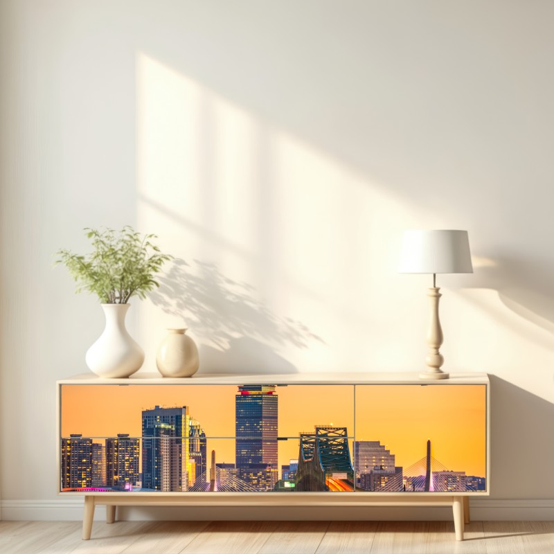 Naklejka repozycjonowalna panorama Bostonu o zachodzie słońca z mostami Zakim i Tobin – Wallissimo® Naklejka repozycjonowalna panorama Bostonu o zachodzie słońca z mostami Zakim i Tobin – Wallissimo®