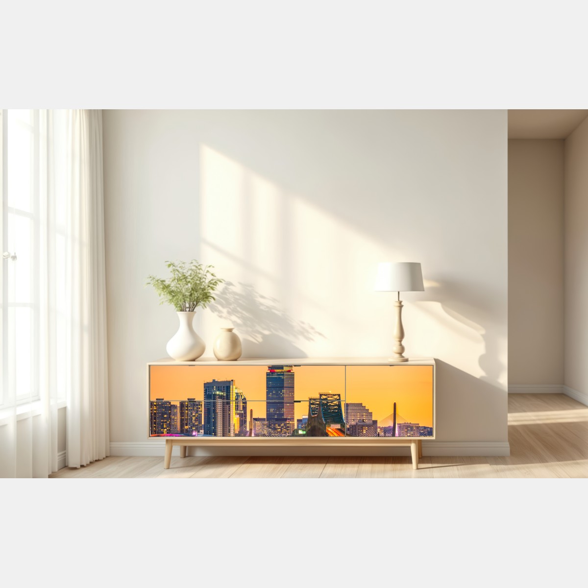 Naklejka repozycjonowalna panorama Bostonu o zachodzie słońca z mostami Zakim i Tobin – Wallissimo® Naklejka repozycjonowalna panorama Bostonu o zachodzie słońca z mostami Zakim i Tobin – Wallissimo®