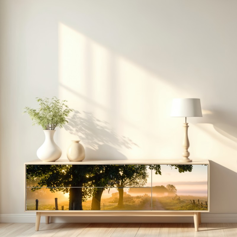 Naklejka repozycjonowalna słoneczna wiejska droga o świcie – Wallissimo® Naklejka repozycjonowalna słoneczna wiejska droga o świcie – Wallissimo®