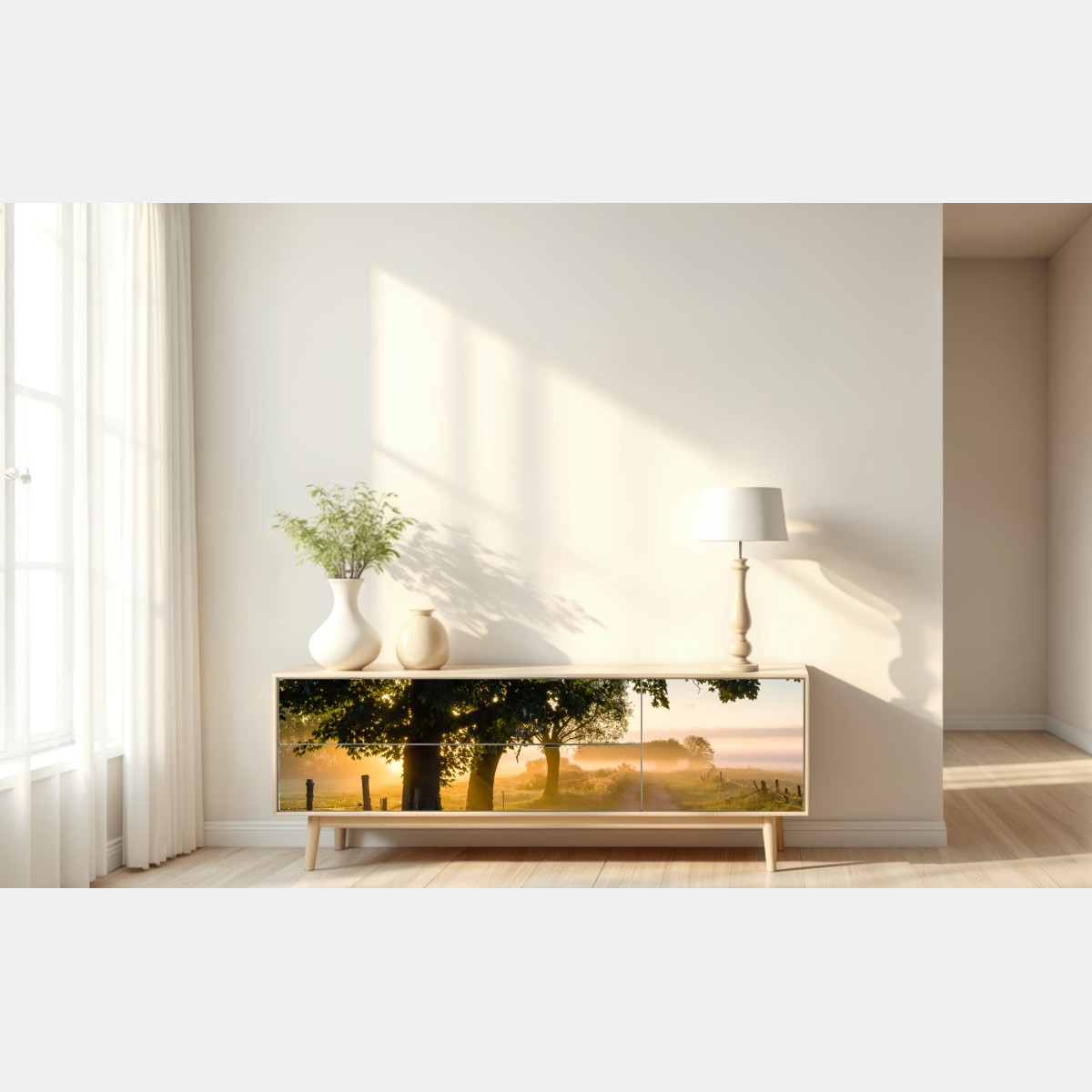 Naklejka repozycjonowalna słoneczna wiejska droga o świcie – Wallissimo® Naklejka repozycjonowalna słoneczna wiejska droga o świcie – Wallissimo®