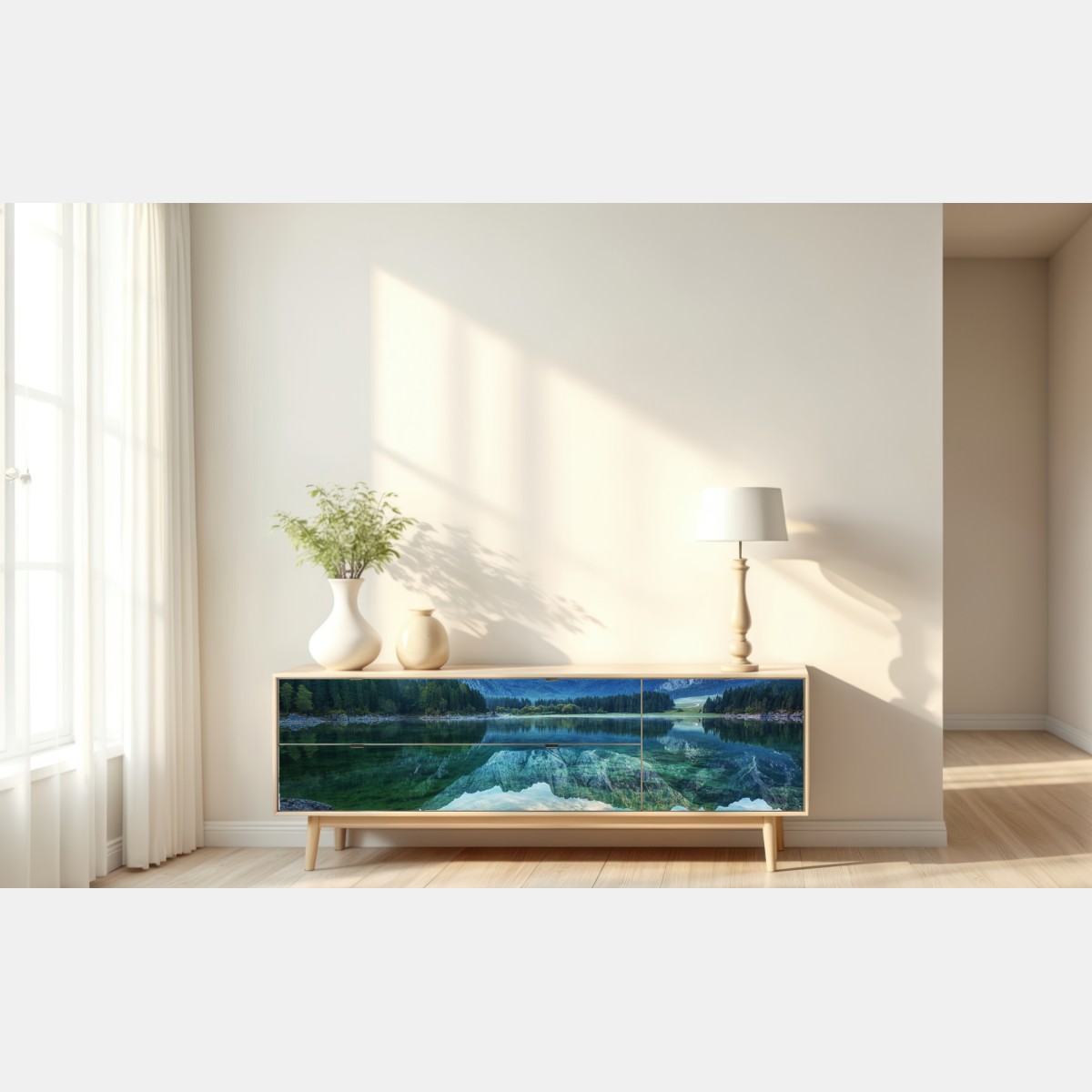 Naklejka repozycjonowalna wczesny poranek nad Jeziorem Fusine, Alpy Julijskie – Wallissimo® Naklejka repozycjonowalna wczesny poranek nad Jeziorem Fusine, Alpy Julijskie – Wallissimo®