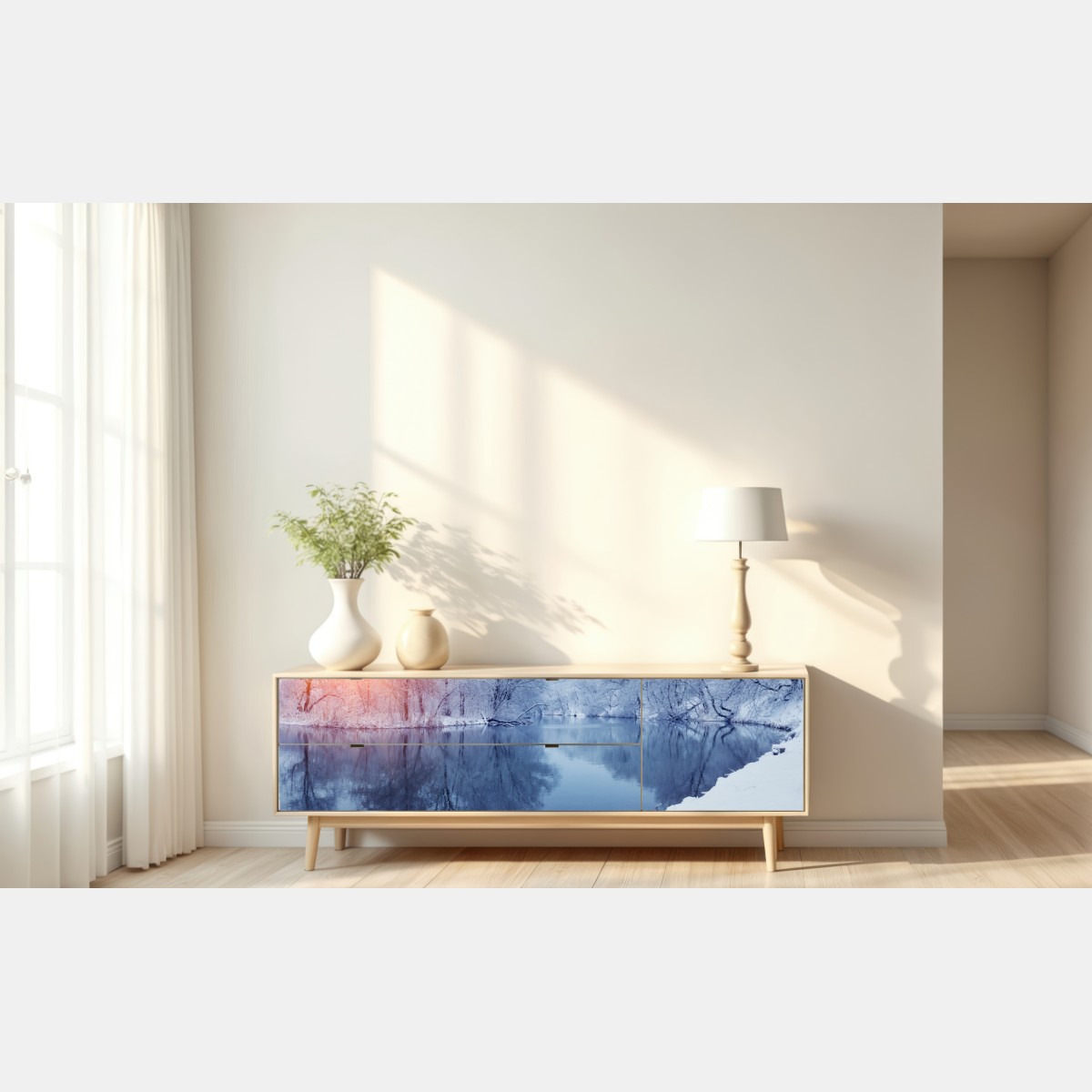 Naklejka repozycjonowalna zimowy krajobraz rzeki o zachodzie słońca – Wallissimo® Naklejka repozycjonowalna zimowy krajobraz rzeki o zachodzie słońca – Wallissimo®