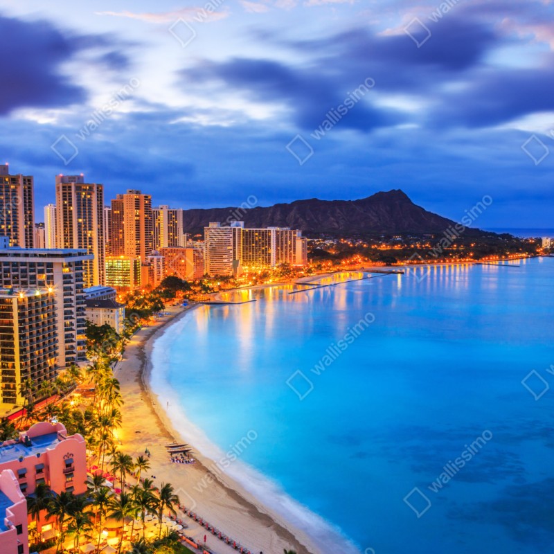 Naklejka repozycjonowalna panorama Waikiki i Diamond Head o zmierzchu – Wallissimo® Naklejka repozycjonowalna panorama Waikiki i Diamond Head o zmierzchu – Wallissimo®