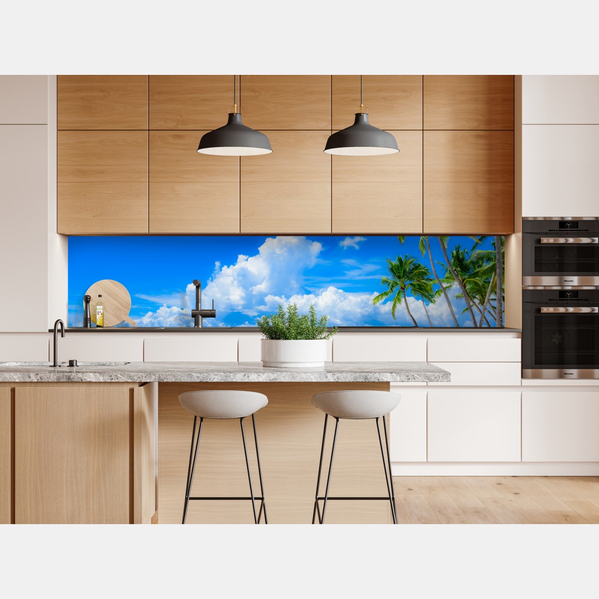 Naklejka repozycjonowalna tropikalna plaża z palmami pod błękitnym niebem – Wallissimo® Naklejka repozycjonowalna tropikalna plaża z palmami pod błękitnym niebem – Wallissimo®