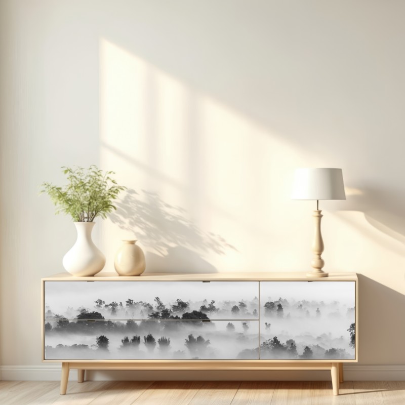 Naklejka repozycjonowalna mglisty las czarno-biały – Wallissimo® Naklejka repozycjonowalna mglisty las czarno-biały – Wallissimo®