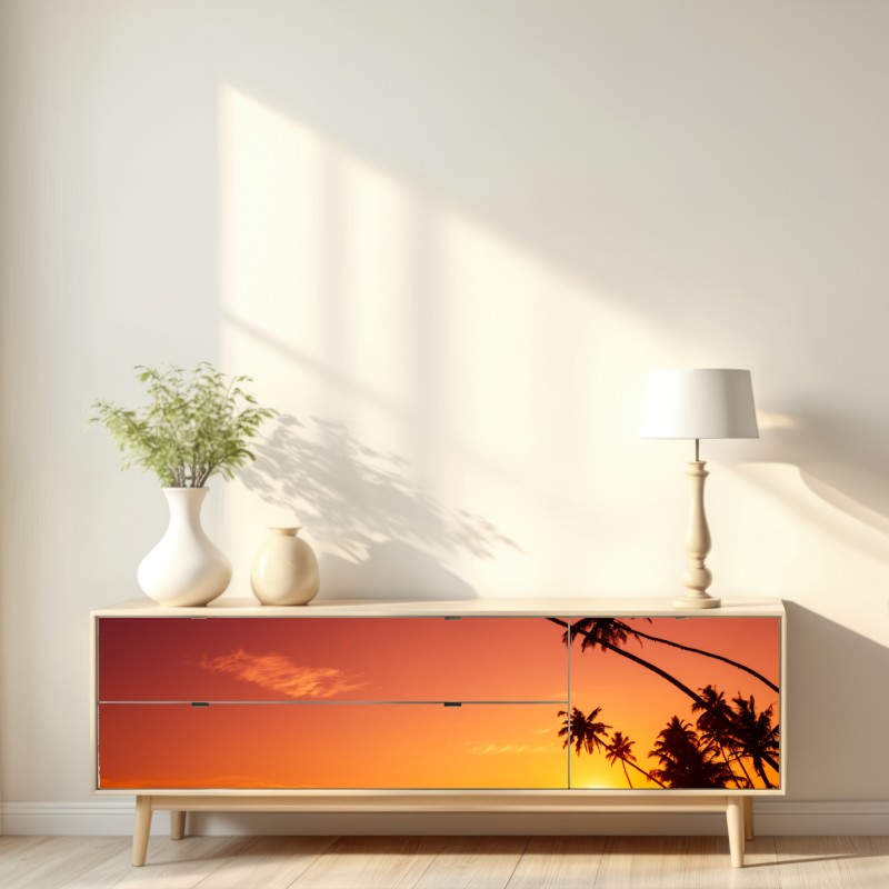 Naklejka repozycjonowalna tropikalny zachód słońca nad plażą – Wallissimo® Naklejka repozycjonowalna tropikalny zachód słońca nad plażą – Wallissimo®