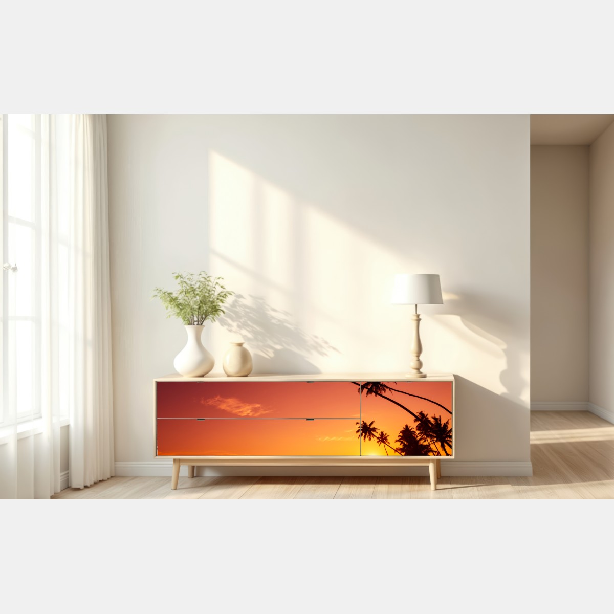 Naklejka repozycjonowalna tropikalny zachód słońca nad plażą – Wallissimo® Naklejka repozycjonowalna tropikalny zachód słońca nad plażą – Wallissimo®