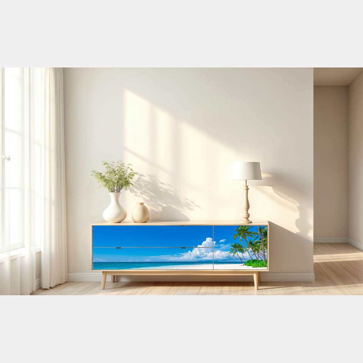 Naklejka repozycjonowalna tropikalna plaża z palmami – Wallissimo® Naklejka repozycjonowalna tropikalna plaża z palmami – Wallissimo®