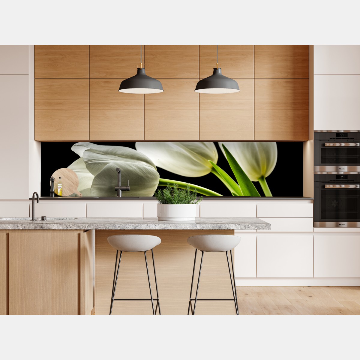 Naklejka repozycjonowalna eleganckie białe tulipany na czarnym tle – Wallissimo® Naklejka repozycjonowalna eleganckie białe tulipany na czarnym tle – Wallissimo®